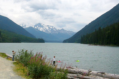 [ Mountain lake scene, with snow-topped mountains. ]