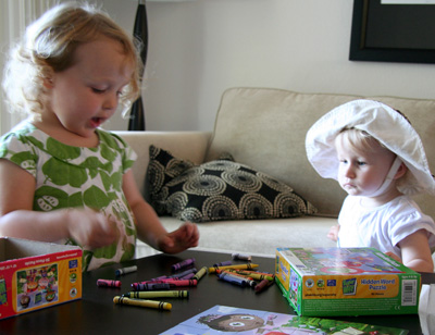 [ Claire shows Morgan the art of crayons ]
