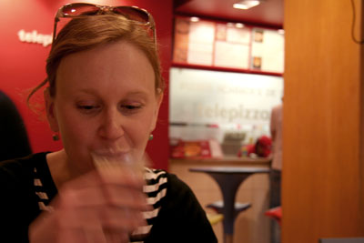 [ Bottoms up at TelePizza ]